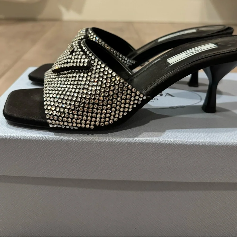 Prada - Satin Crystal Logo 65 mm Slide Sandal- Color: Black- Size: 37.5 - Picture 7 of 11